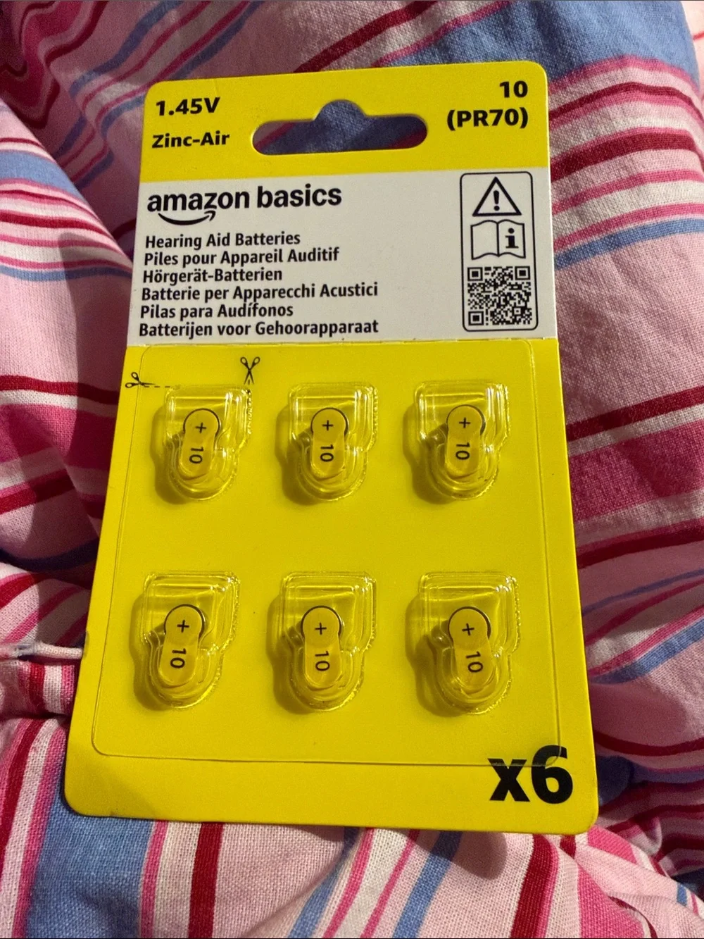 Amazon Basics Yellow Zinc-Air 1.45V PR70 Size 10 Hearing Aid Batteries - 6 Pack